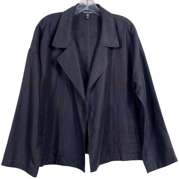EILEEN FISHER System Tencel Linen Slub Blend Open Jacket Size Medium Black EUC - Picture 1 of 15